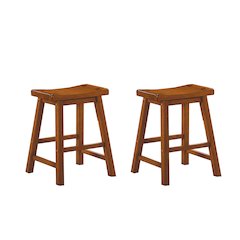 Saddleback Solid Wood 18" Height Stool, Set of 2 in Oak Finish