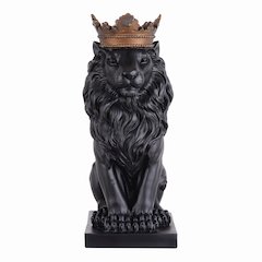 14.5" H Black Sitting Lion Gold Crown Resin Statue Statue Home Décor