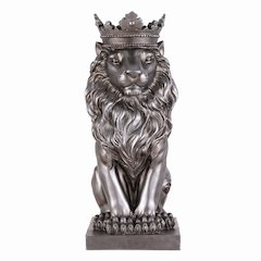 14.5" H Sitting Lion Crown Silver Color Resin Statue Home Décor