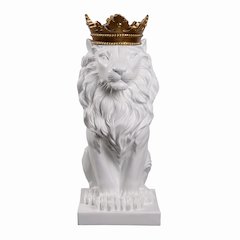 14.5" H White Sitting Lion Gold Crown Resin Statue Home Decor