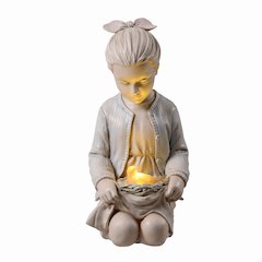 Sitting Girl  Bird Nest Lighted Garden Statue Solar Powered LEDs