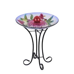 Solar Orb Floral Glass Hummingbird Bird Bath with Stand