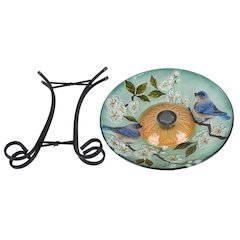 Solar LED Floral Glass Bird Bath with Stand - Blue Bird & Peach Blossom