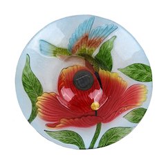Solar LED Floral Glass Bird Bath with Stand - Hummingbird & Large Poppy