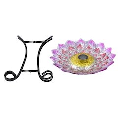 Solar LED Floral Glass Bird Bath with Stand - Pink Dahlia