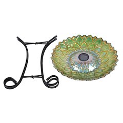 Solar Peacock Green Geometric Glass Bird Bath with Stand
