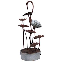 Metal Crane W/Leaves In Pail Fountain