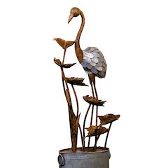 Metal Flamingo W/Leaves In Pail Fountain