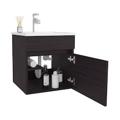18" Wide Floating Bathroom Vanity, With One Cabinet And Two Shelves, Black