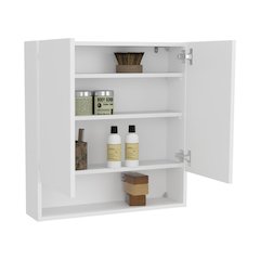Double-Door Medicine Cabinet With Mirrored Doors And Interior Shelves, White