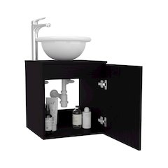 Floating,  Wide One-Door Cabinet Vanity, With Wessel Sink And One Shelf, Black