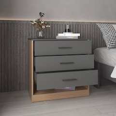 27" High Three Drawer Dresser And Open Shelf, Matte Gray - Natural Oak