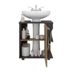 Under Sink Cabinet, Double Door Storage with Open Back, Black, Natural Oak