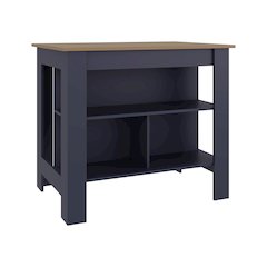 Kitchen Island, Three Open Shelves, One Top Shelf, Four Legs, Natural Oak, Blue
