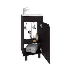 Wide One-Door Cabinet, Free Standing Vanity With Resin Sink, Two Shelves, Black