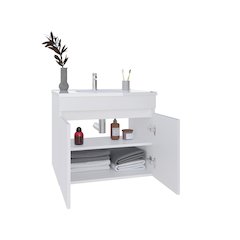 Chaux Floating, Wide Double Door Vanity, With Resin Sink And Two Shelves, White