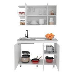 Kitchen Cabinet Set With Upper And Lower Storage, 4 Doors And Open Shelves,White