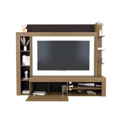 Entertainment Center and TV Stand with Open Below Shelves,Natural Oak with Black