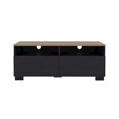 TV Stand with Open Shelves and Compact Profile, Black - Natural Oak