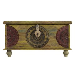 Carved Wood Trunk Coffee Table, Boho Eclectic Cocktail Table for Living Room