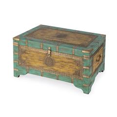 Nador Hand-Painted Brass Inlay Storage Trunk Coffee Table, Blue, Yellow