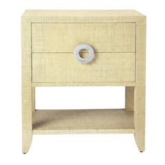 Raffia Nightstand with 2 Drawers, Coastal Bedside End Table for Bedroom, Cream