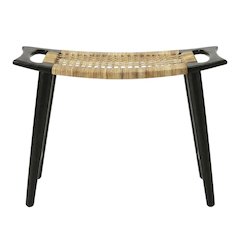 Coastal Rattan Accent Stool with Distressed Wood Finish for Living Room