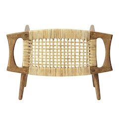 Coastal Wood and Rattan Accent Stool, Rectangular Seat for Living Room