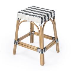 Robias Rectangular Rattan 24.5" Counter Stool, White and Navy Stripe