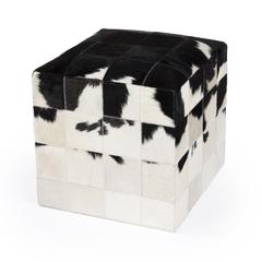 Victorian Hair on Hide Cube Ottoman, Black and White