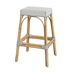 Robias Rectangular Rattan 30" Bar Stool, Gray and White Dot