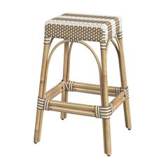 Robias Rectangular Rattan 30" Bar Stool, Tan and White Stripe