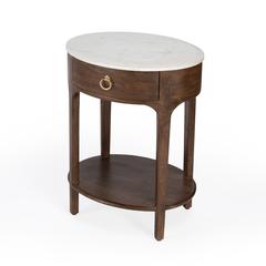 Ellen 18.25 in. W Oval Marble and Wood 1 Drawer Nightstand, Medium Brown