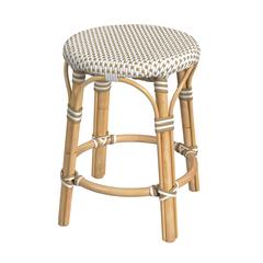 Tobias Rattan Round 18" Stool, White and Tan Dot