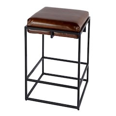 26 in. Seat Height Leather and Iron Backless Counter Height Stool with Footrest