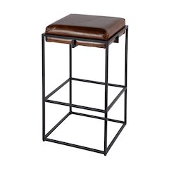31 in. Seat Height Leather and Iron Backless Bar Height Stool with Footrest