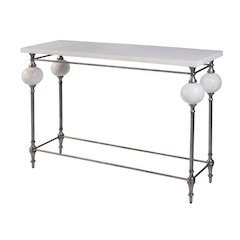 Amadeo 48" W Rectangular Stone and Metal Console Table, White, Silver