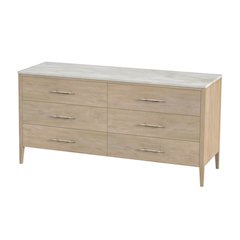 Averly 64"W Rectangular Marble Top 6 Drawer Dresser, Light Brown
