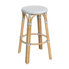 Tobias Round Rattan 30" Bar Stool, White and Sky Blue Dot