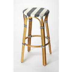 Tobias Round Rattan 30" Bar Stool, White and Navy Stripe