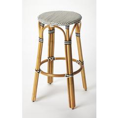 Tobias Round Rattan 30" Bar Stool, White and Black Dot