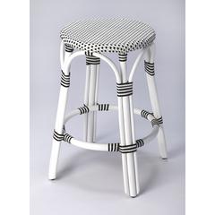 Tobias Rattan Round 24" Counter Stool, White and Black Dot