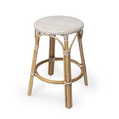 Tobias Rattan Round 24" Counter Stool, White and Tan Dot