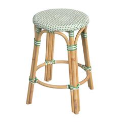 Tobias Rattan Round 24" Counter Stool, White and Green Dot