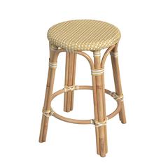Tobias Rattan Round 24" Counter Stool, Yellow and White Dot
