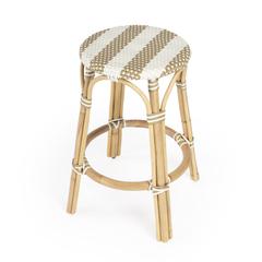 Tobias Rattan Round 24" Counter Stool, Tan and White Stripe