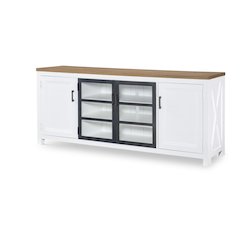 Entertainment Console, Harvest Oak Tops, Natural White Base, Aged Black Accents