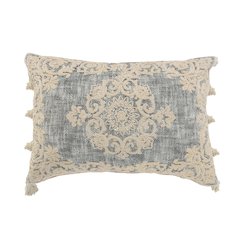 Medallion and Bordered Gray and Ivory Throw Pillow