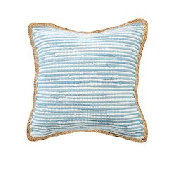 Bright Blue and White Striped Jute Bordered Throw Pillow