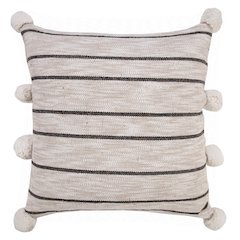Modern Farmhouse Striped Throw Pillow with Pom Poms